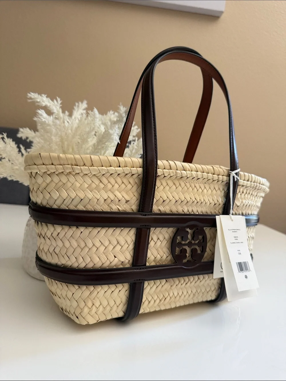 NWT , TORY BURCH ELLA STRAW SMALL BASKET SHOULDER BAG CLASSIC CUOIO
